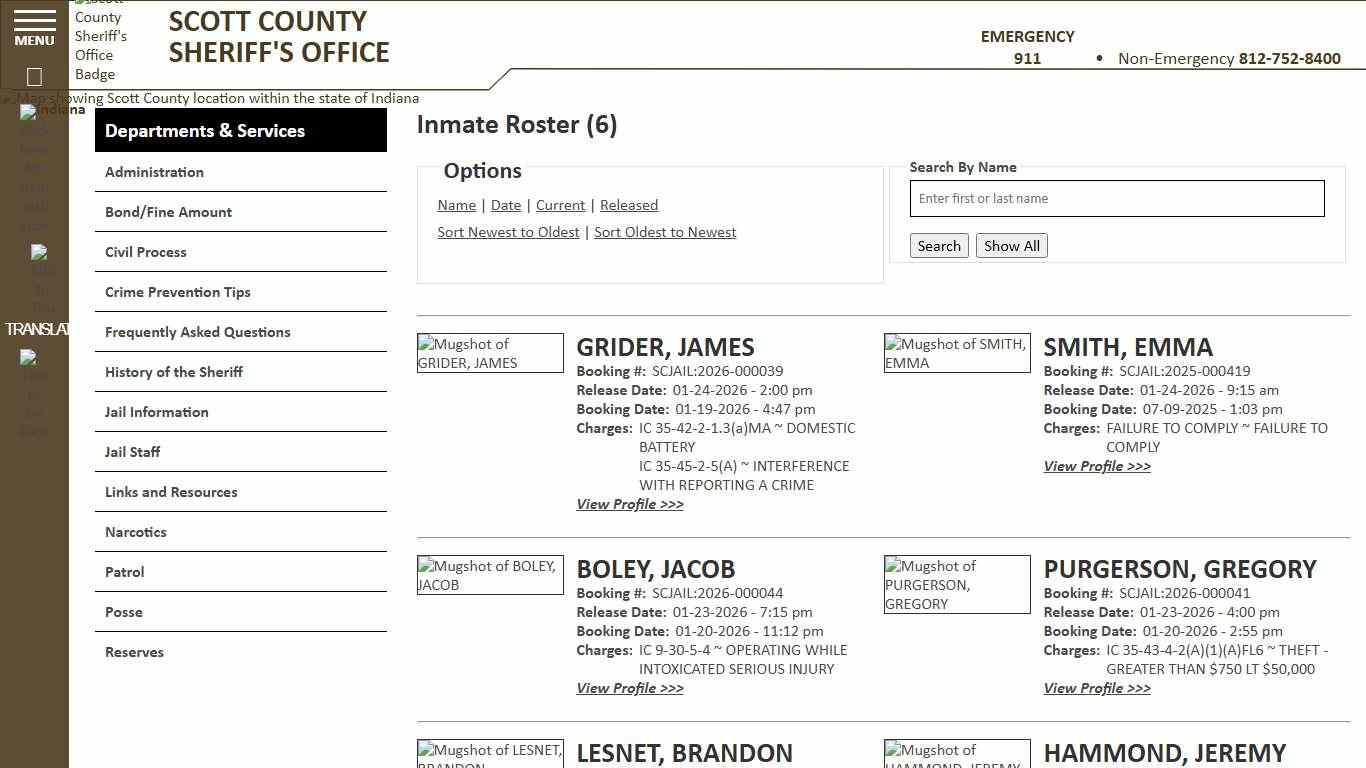 Inmate Roster - Released Inmates Booking Date Descending - Scott County Sheriff - Scottsburg, IN