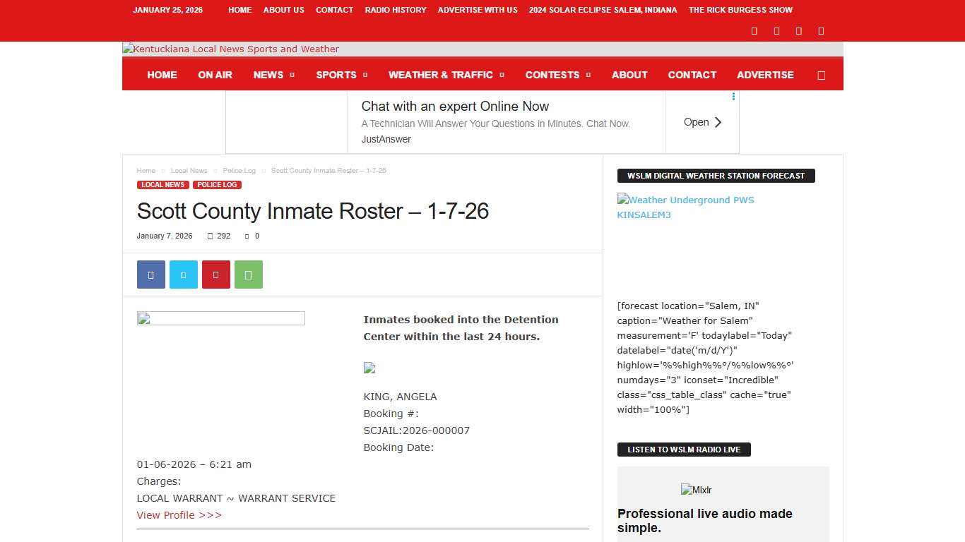 Scott County Inmate Roster – 1-7-26 WSLM RADIO
